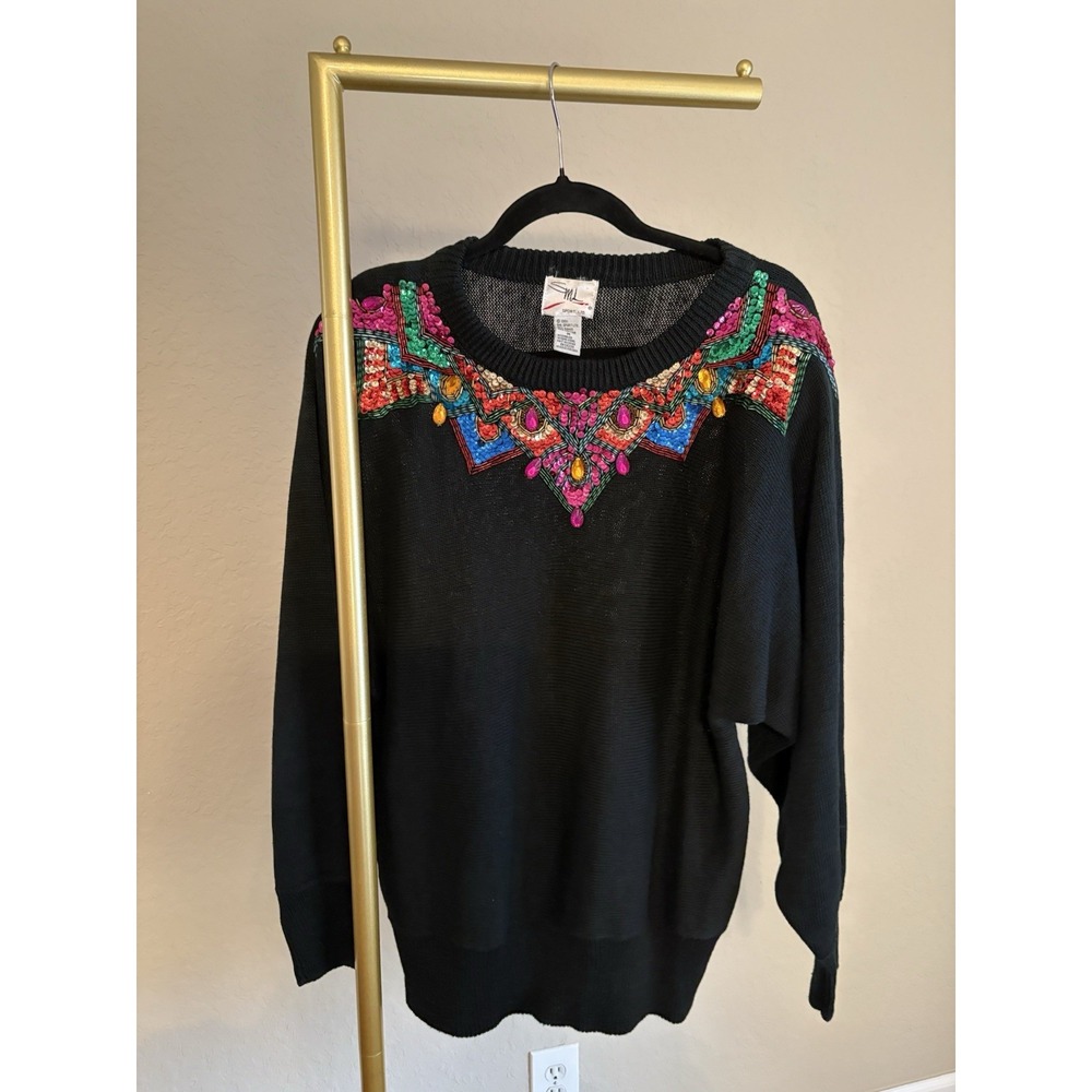 VNT 90s SML Sport Women's Sequin Sweater Black Size M Holiday Glam Party